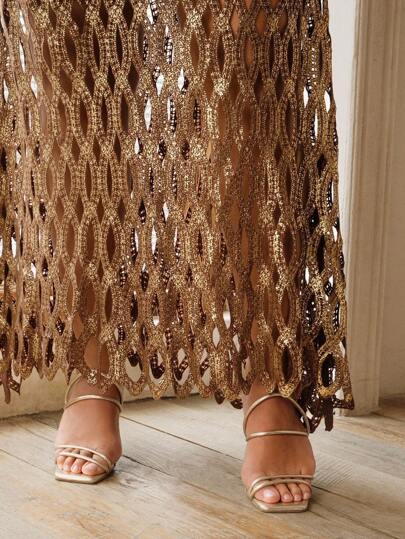 Anewsta Women's High-End Elegant Exquisite Laser Cut Foil Skirt, Plus Size