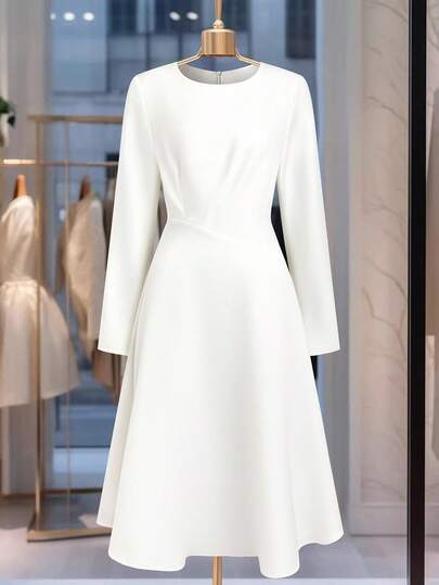 Franclia Women's Casual Solid Color Waist Cinched Round Neck Long Sleeve Dress Fall Cloth For Women
