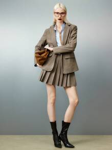 Airlisse 女士人字纹羊毛西装外套搭配褶裥中长裙套装，正式优雅 - 摩卡棕 - 查看 5