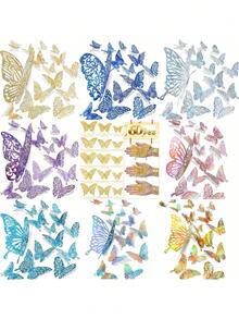Rainbow 3D Butterfly Decor Set Of 60pcs - Glitter Gold Paper Butterflies For Party Wedding Birthday DIY Decorations - Multicolor - View 1