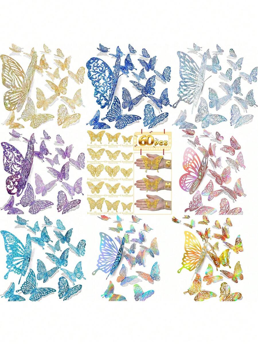 Rainbow 3D Butterfly Decor Set Of 60pcs - Glitter Gold Paper Butterflies For Party Wedding Birthday DIY Decorations - Multicolor - View 1