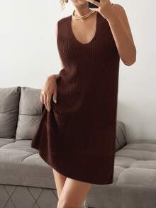 EURMUSE 休闲深 V 领露肩口袋纯色无袖周末快乐街头风格纯色针织迷你连衣裙，适合秋冬装 - 棕色 - 查看 6