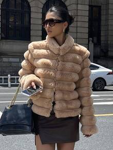 DAZY 女士宽松高领长袖休闲街头仿皮草外套，秋冬女式大衣 - 駝色 - 查看 5