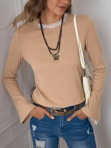 LanaWest 女式西部休闲圆领蕾丝边常规版型喇叭袖 T 恤 - 卡其色 - 查看 6