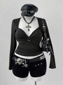 Sunspun Plus Size Women's Casual Elegant Simple Street Sexy Punk Gothic Heart Neck Backless Long Sleeve T-Shirt Fall Cloth For Women Halloween