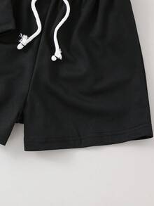 PAVTROS Tween Boy Letter Patched Detail Hooded Tank Top & Drawstring Waist Shorts - Black - View 3