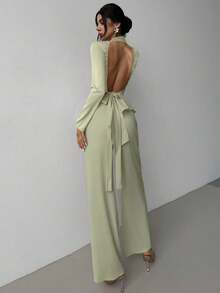 Firerie 女士新款优雅浪漫露背长袖交叉 V 领露背不对称下摆上衣和宽松直筒裤绿色两件套，秋季女装，外出装，机场装 - 綠色 - 查看 2