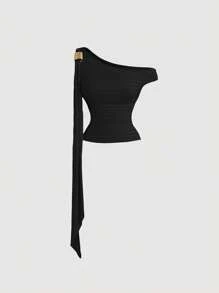 SHEIN MOD Conjunto de camisola elegante con volantes asimétricos y decoración vintage de metal - Burdeos - Ver 6