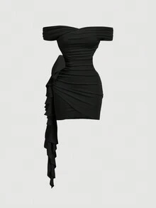 SHEIN MOD 卡其色单肩裹身裙，搭配超大蝴蝶结细节 - 适合派对、度假、约会、生日庆祝、下午茶和节日 - 黑色 - 查看 2