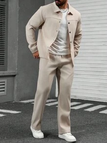 Manfinity Homme Men's Solid Color Single-Breasted Jacket And Pants Casual Suit Casual Two Pieces Set Men Co-Ord Set Beige Men Two Piece Outfit Apricot Men Outfit , Fall Clothes Winter, Cozy Outfits