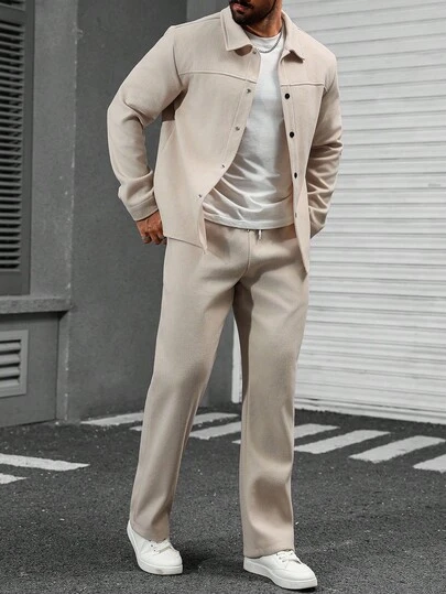 Manfinity CasualCool 男士纯色单排扣夹克和裤子休闲西装休闲两件套男士套装米色男士两件套杏色男士套装，秋季服装冬季舒适服装