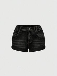 ROMWE Fairycore Quần short denim bó sát lưng thấp thêu hình bướm và đầu lâu cổ điển Y2K gợi cảm dành cho nữ, mùa hè - màu đen - Xem 3
