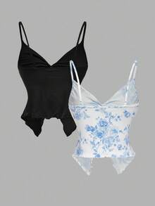 SHEIN MOD 2件組女款夏季純色與花卉印花扭結細肩帶背心，黑白配色性感露背上衣，約會之夜可愛上衣 - 彩色 - 查看 2