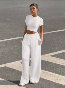 Muchica 2 件套女士休闲圆领短袖上衣和阔腿裤套装，夏季 - 白色 - 查看 4
