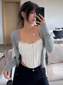 DAZY Basic Round Neck Retro Short Cardigan, Autumn/Winter - Grey - View 3