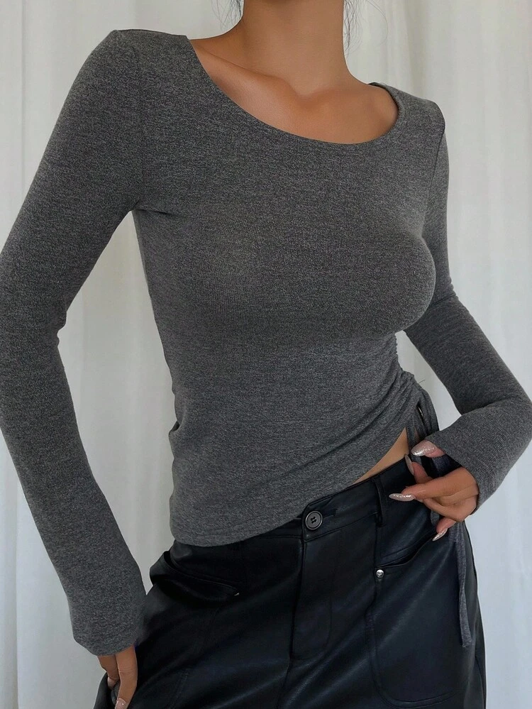 Sexy Round Neck Hollow Out Lace-Up Back Design Long Sleeve T-Shirt For Women, Autumn, Fitted Waist Slim Top