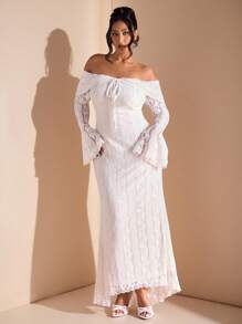 SHEIN BAE Váy Maxi đuôi cá dài tay ren trắng trễ vai thanh lịch dành cho nữ, thích hợp cho đám cưới, tiệc tùng, váy phù dâu, váy tốt nghiệp màu trắng - Màu be - Xem 7
