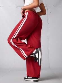 SHEIN Sports Women's Casual Drawstring Waist Contrast Striped Side Loose Wide Leg Sports Pants,Red Track Activewear Workout Pants - Red - View 1