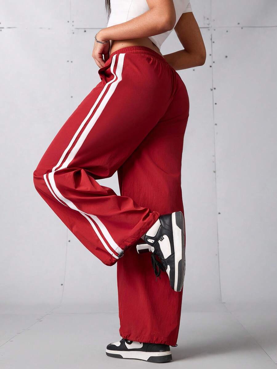 SHEIN Sports Women's Casual Drawstring Waist Contrast Striped Side Loose Wide Leg Sports Pants,Red Track Activewear Workout Pants - Red - View 1