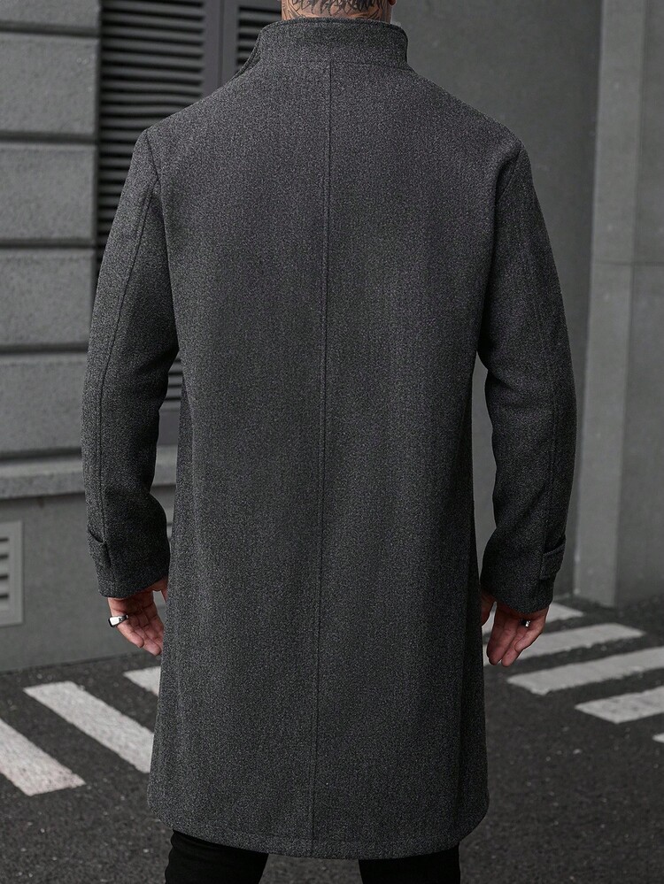 Manfinity CasualCool 男士纯色长袖单排扣口袋休闲长款大衣 - 深灰色 - 查看 2