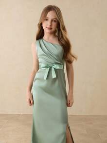 Satin One-Shoulder Bowknot Decor Hem Slit Maxi Dress For Girls, Elegant Flower Girl Dress For Wedding, Prom, Birthday Party, Christmas, Halloween, Back To School, Graduation Fall Winter - Green - View 1
