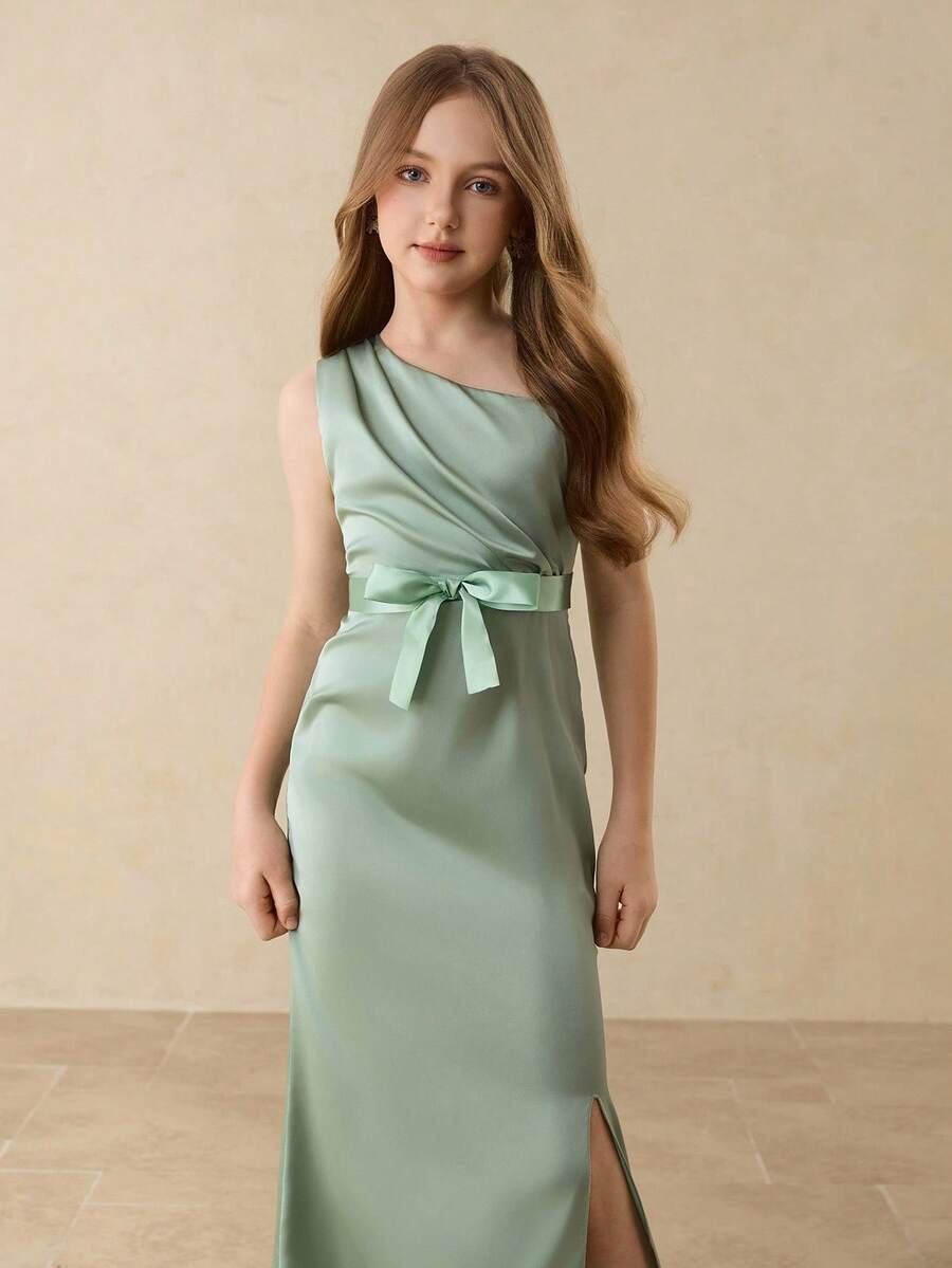 Satin One-Shoulder Bowknot Decor Hem Slit Maxi Dress For Girls, Elegant Flower Girl Dress For Wedding, Prom, Birthday Party, Christmas, Halloween, Back To School, Graduation Fall Winter - Green - View 1