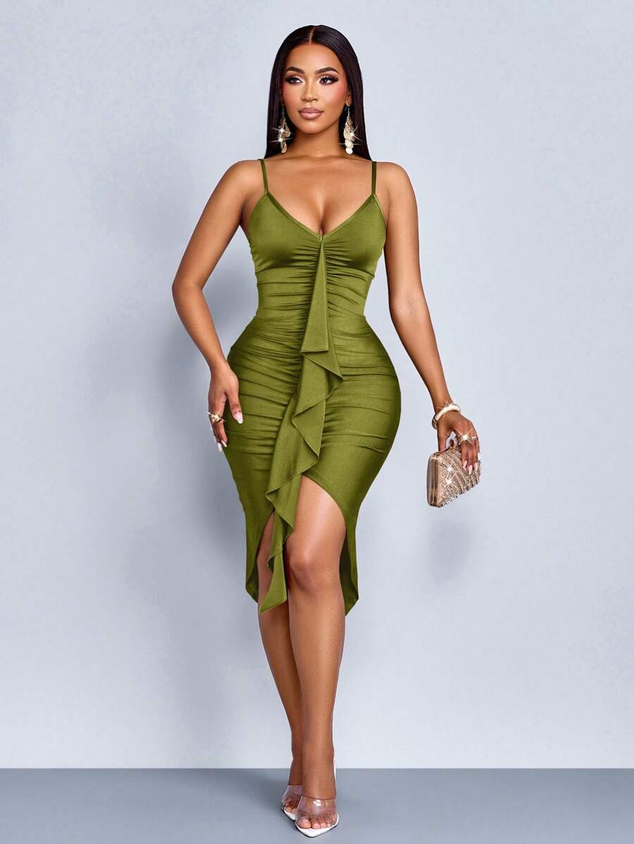 SOLERSUN 优雅女士前褶修身连衣裙，荷叶边装饰，中长连衣裙， - 綠色 - 查看 1