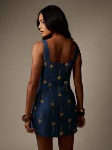 MISSGUIDED Váy ngắn vải lanh thêu hình cây cọ cài nút, mặc đi biển mùa hè, mặc đi nghỉ dưỡng, cổ vuông, không tay, thường ngày, dự tiệc, ngày lễ, đầm liền thân - Màu xanh hải quân - Xem 2