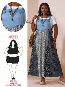 SHEIN CURVE+ 加大码印花面料拼布吊带连衣裙，适合女士春秋季服装、冬季、CURVE PLUS/秋冬 - 彩色 - 查看 1