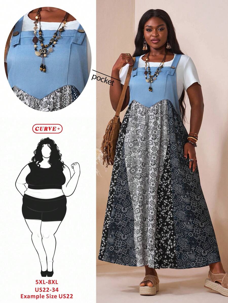 SHEIN CURVE+ 加大码印花面料拼布吊带连衣裙，适合女士春秋季服装、冬季、CURVE PLUS/秋冬 - 彩色 - 查看 1