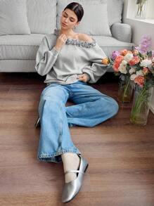 DAZY Hanorac cu mânecă lungă, casual, cu guler oblic și umăr gol, pentru femei, toamnă/iarnă, cu decor floral 3D, pentru sezonul de la școală - Gri - Vizualizare 10
