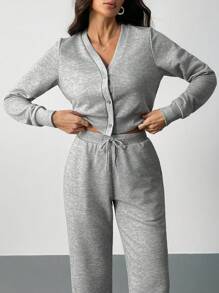 SHEIN Tall Bộ 2 món áo và quần trơn màu thường ngày dành cho nữ - Xám - Xem 6