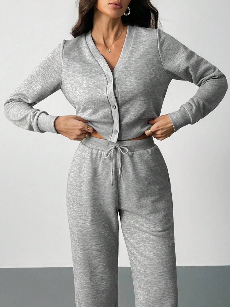 SHEIN Tall Women's Casual Solid Color Top And Pants 2 Pieces Set Grey Two Piece Set,Fall - Grey - View 6