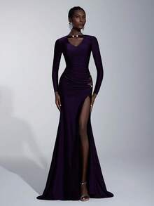 Elitara 优雅、浪漫、性感、简约、紫色、针织、串珠装饰、镂空、鱼尾下摆、时尚、节日、度假、生日派对、婚礼活动、伴娘礼服 - 紫色 - 查看 8