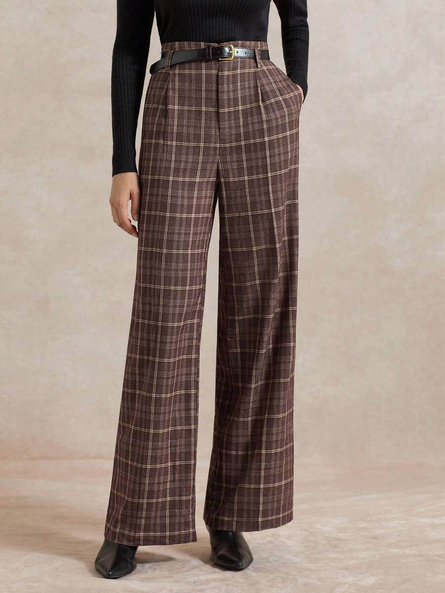 Briarwyn 女士时尚格子直筒裤，适合通勤 - 棕色 - 查看 1