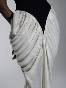 Elitara 优雅奢华黑白缎面拼布涂层面料不对称露肩荷叶边鱼尾下摆正式晚礼服女式 - 黑與白 - 查看 6