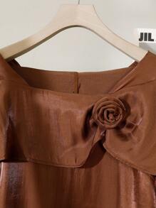 Modelyn Áo cánh tay dài họa tiết hoa trơn màu cỡ lớn thanh lịch dành cho nữ - màu nâu - Xem 5