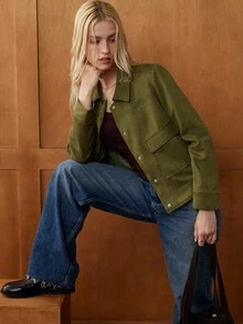 Écloséra Women's French Commuter Lapel Suede Metal Button Long Sleeve Jacket Autumn And Winter Cardigan Winter Coat Going Out Coats Women Fall Green Jacket