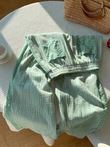 Comfortcana 女士休闲绿色蕾丝拼接阔腿裤 - 綠色 - 查看 3