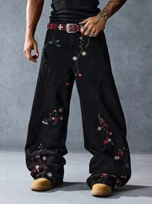 ROMWE MEN Street Life Quần jean ống đứng thêu hoa phong cách retro thường ngày cho nam, phong cách Grunge - màu đen - Xem 4