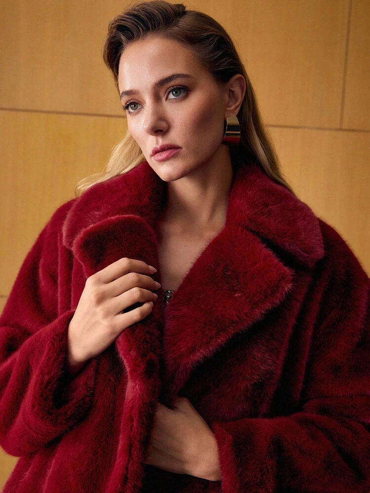 FAUX FUR SOLID LAPEL COLLAR BELTED LONGLINE COAT, CHRISTMAS COAT, RED COAT, NEW YEAR COAT