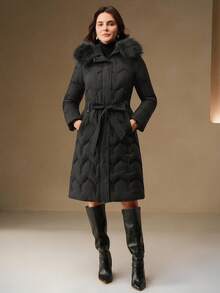 Anewsta 女士优雅绗缝收腰中长款连帽可拆卸毛领黑色拉链羽绒服，冬季 - 黑色 - 查看 5