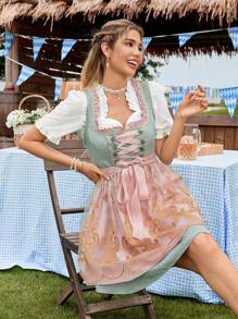 Serisse 慕尼黑啤酒节 Dirndl 女式荷叶边甜心领结刺绣网眼下摆无袖优雅迷你连衣裙，非常适合下午茶、音乐会、早午餐和慕尼黑啤酒节 - 彩色 - 查看 1