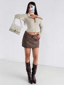 Aidyla Striped Knit Collared Long Sleeve Off-Shoulder Henley T-Shirt Tops With Minimalist Design Fall Clothes For Women - Khaki - View 9