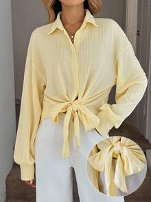 Easowa 秋季女装针织纹理面料衬衫，领口系带袖口长袖衬衫，复古风格，适合夏季/秋季穿着，90年代伊比沙岛风情，女士沙滩装/夏季波西米亚复古风黄色系带衬衫，浅黄色上衣，柠檬黄衬衫，秋季返校季可爱夏季上衣，商务休闲女装，办公室女装，工作上衣，外出上衣，女教师款，秋季女教师款，纽扣衬衫，可爱上衣，秋季校服衬衫 - 黃色 - 查看 3