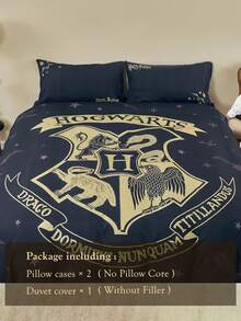 HARRY POTTER X SHEIN 3 Stück Tier- und Buchstaben-bedruckter Bettbezug Set, Geschenke, geeignet für Einzelbett/Doppelbett/Queensize-Bett/Kingsize-Bett, Studentenwohnheim/Zuhause, Schulanfang - Schwarz - Übersicht 8