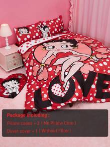 Betty Boop x SHEIN 波点爱心图案被套套装，温暖柔软，多种尺寸可选，三件套，礼品之选，派对、节日、情人节适用 - 彩色 - 查看 9