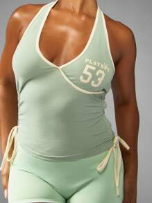 Missguided x Playboy Varsity Number 露背上衣，无袖紧身设计，侧面褶皱运动背心，薄荷绿配色，非常适合夏季节日派对 - 彩色 - 查看 4