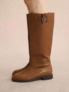 Rosivie Women's New Fashion Commuter Casual Lace-Up Buckle Thick Heel British Rider Motorcycle Mid-Calf Boots - Brown - View 1