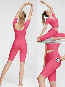 GLOWMODE 2 Pieces FeatherFit™ U-Back Cropped Active Tank & 4.3" Tummy Control Biker Shorts Set Low Impact Yoga Pilates Daily - Blush Crush - View 10